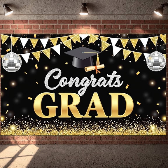 Gold Accent Graduation Banner Navy Blue Congrats Backdrop Graduation Cap Diploma Scroll Grad Display for Graduation Party College Graduation Grad Ceremony