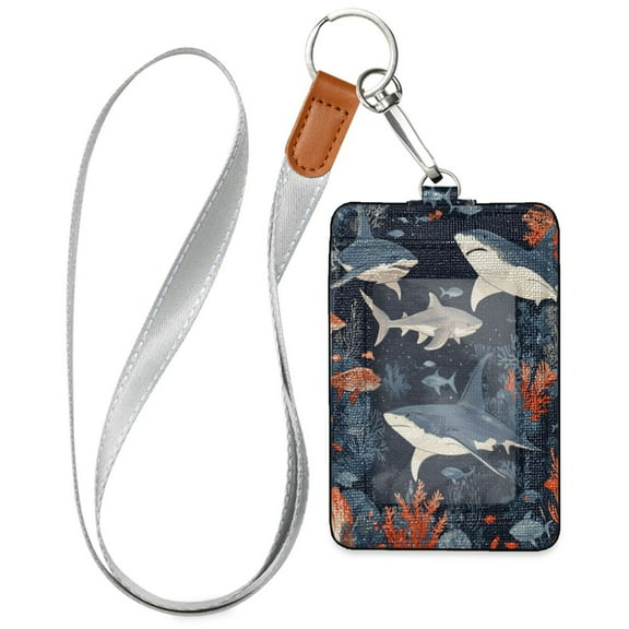 PU Leather ID Badge Holder Stylish Badge Holders with Lanyard (4.3x2.8x0.3in) for Cards & Credentials Sharks and Manta Rays