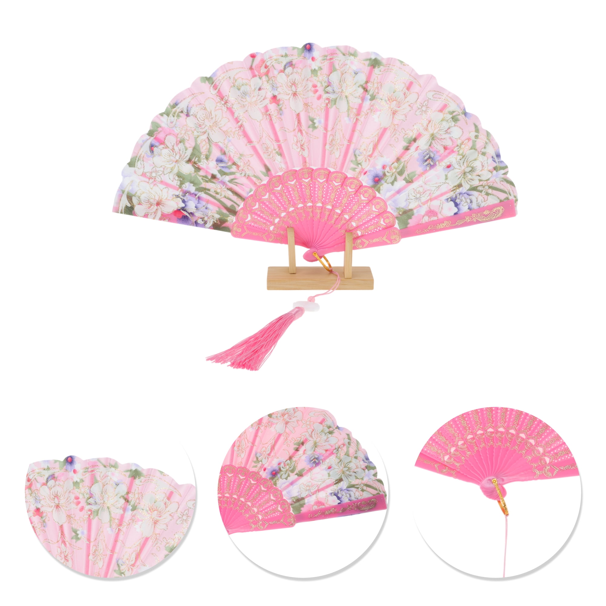 Unique Bargains Floral With Tassel Folding Fan 1Pc Pink