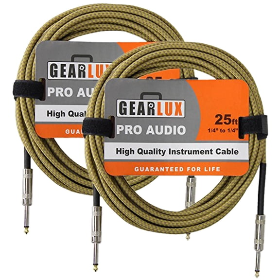 Gearlux Instrument/Guitar Cable, Tweed, 25 Foot - 2 Pack