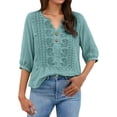 thumbnail image 4 of Babysbule Women's Cotton Embroidered Notch V-Neck Elbow Length Sleeve Casual Boho Top for Daily and Weekend Wear, 4 of 6