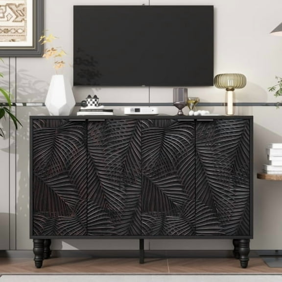 Modern TV Stand for TVs up to 43", Entertainment Center with 2 Storage Cabinets & Adjustable Shelves, Solid Wood Leg Media Console with Anti-Tip Device for Living Room, Black