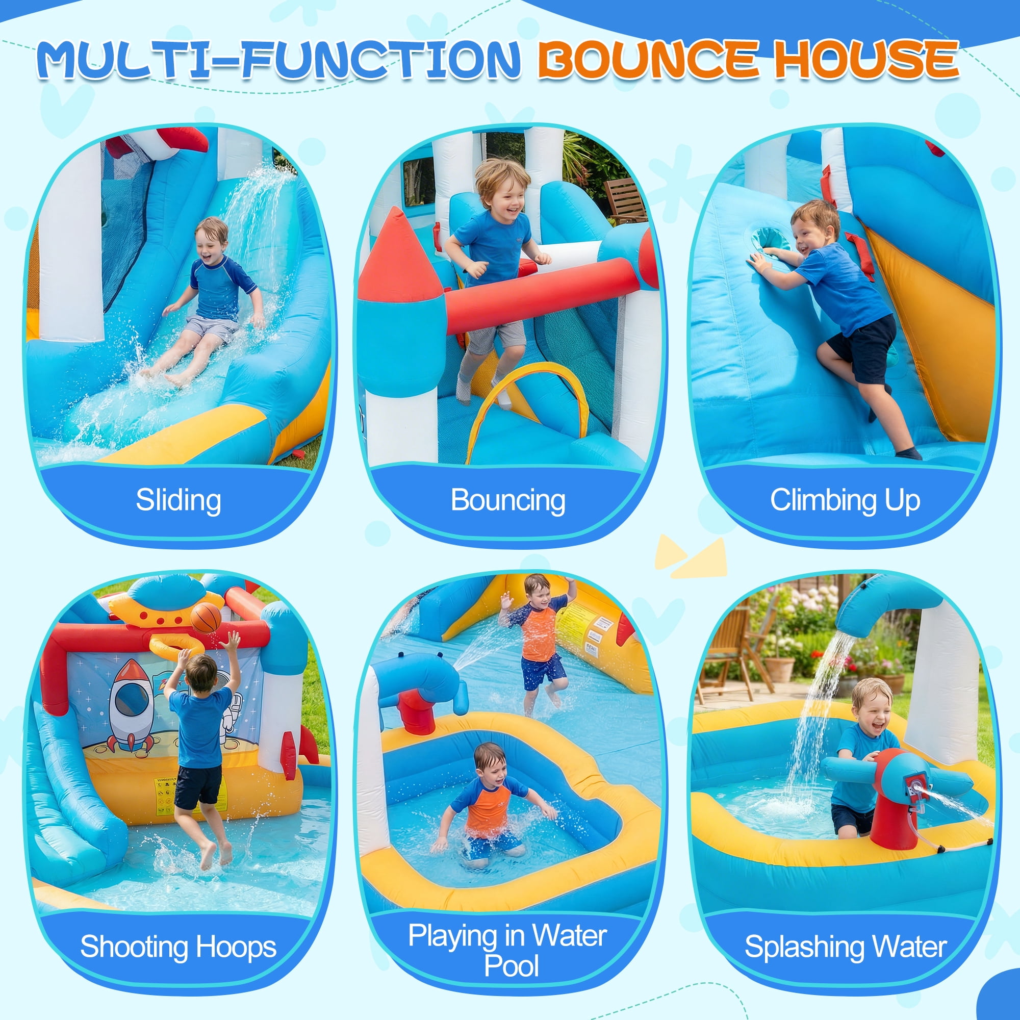 Eclife Inflatable Bounce House Water Slide with Blower, Backyard Water Park Combo with Slides, Splash Pool, Climbing Wall, Obstacle Course, Jumping Area for Indoor Outdoor