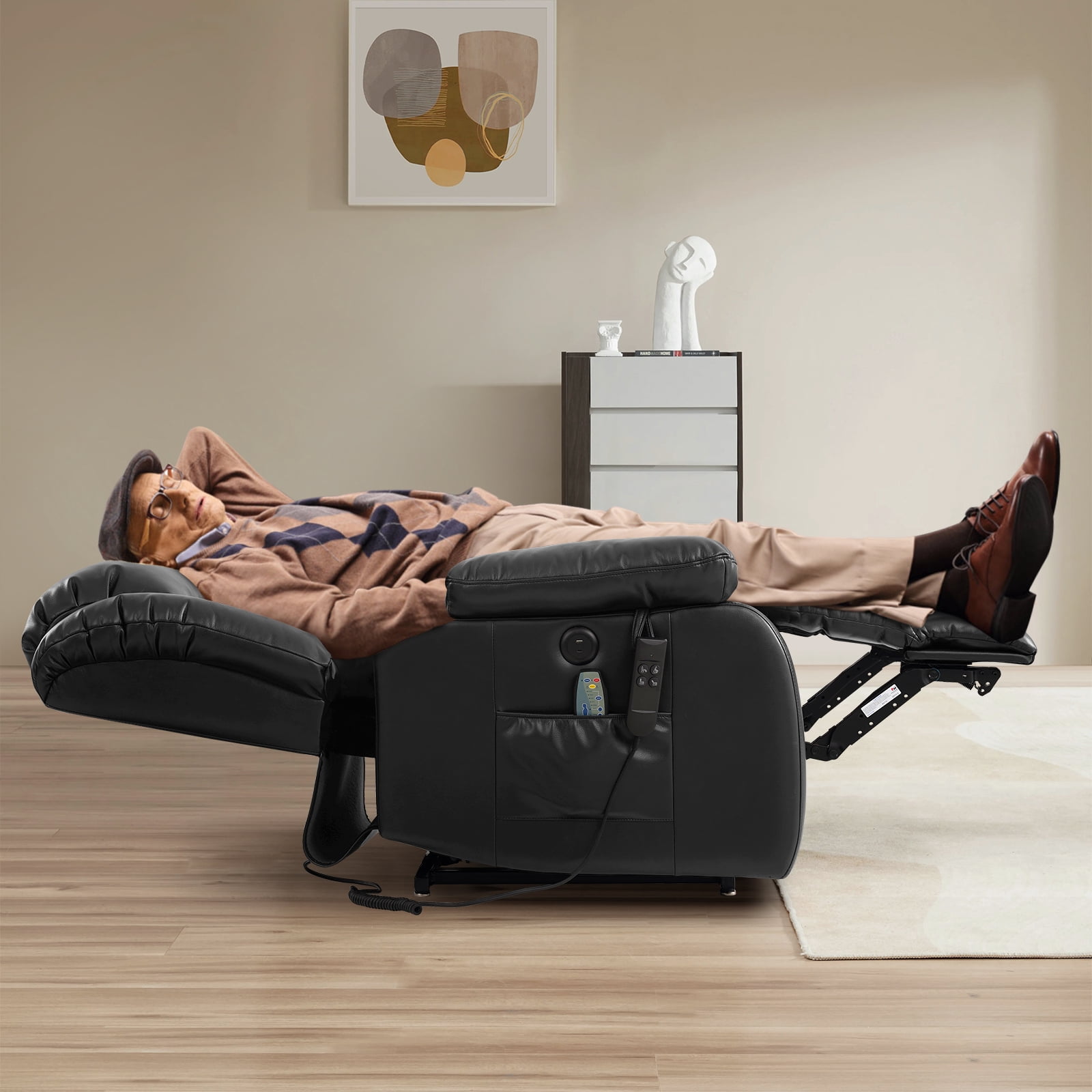 TEKAMON Infinite Position Lift Recliner Chair for Elderly with Heat and Massage Lay Flat Sleeping Leather Dual Motor Power Lift Chair for Living Room (Black)