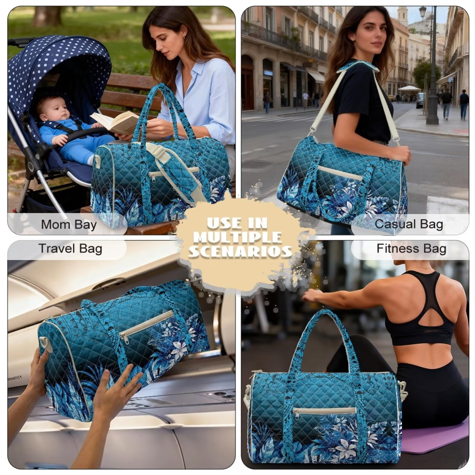 Garronmavis Large Quilted Duffle Bag for Women, Weekender Overnight Travel Gym Bag with Luggage Sleeve, Blue Tropical Print Carry On Bag Compatible with Airplane Travel for Weekend