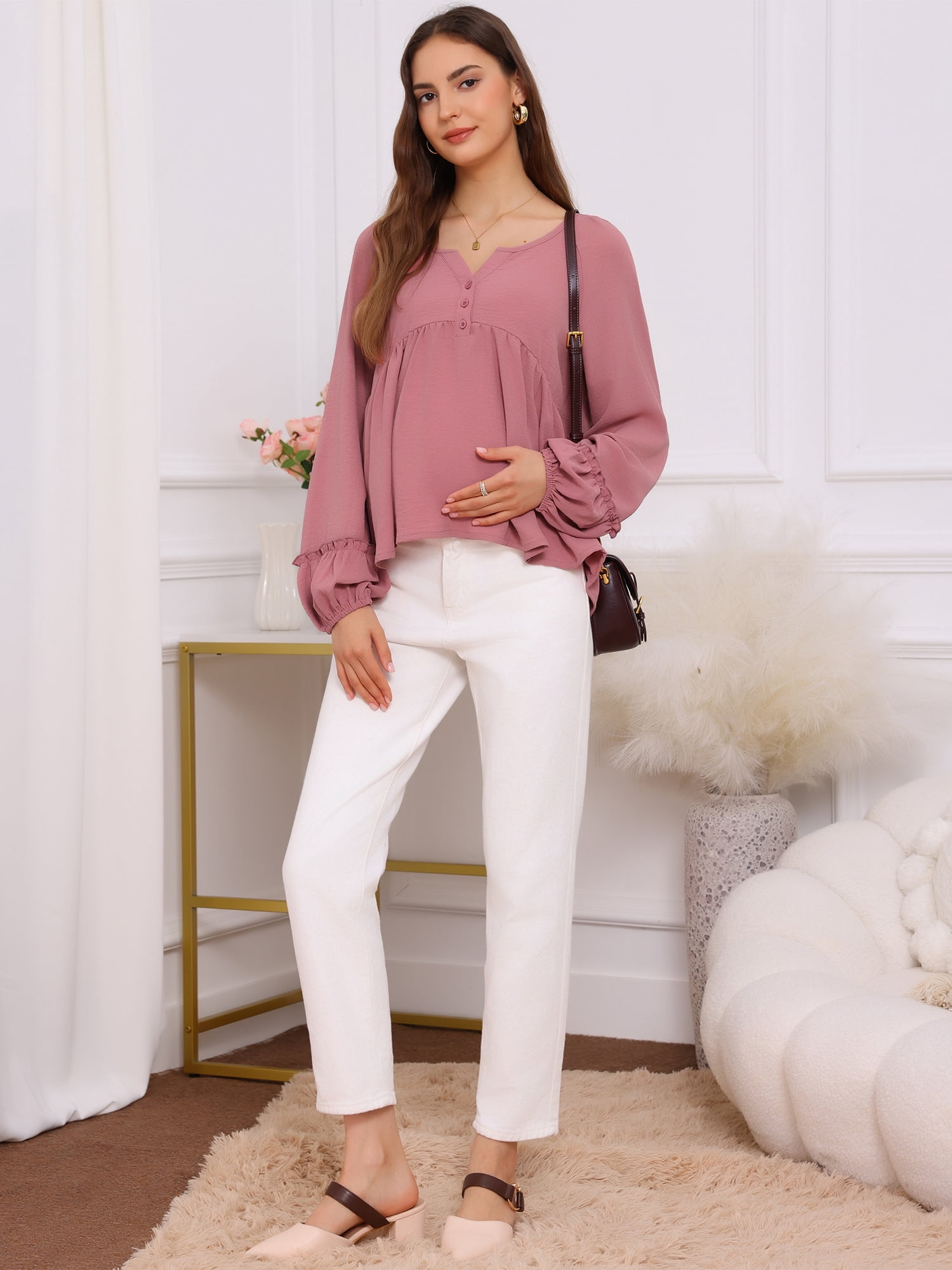 DARING DIVA Women's Maternity Empire Waist Babydoll Lantern Sleeve Blouse XL Pink
