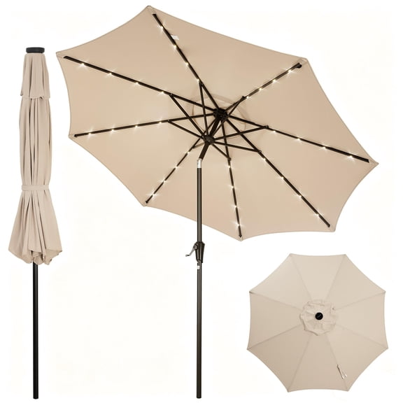 10FT Patio Umbrella with 32 Solar LED Lights, Outdoor Table Market Umbrella with Tilt & Crank, 8 Sturdy Iron Ribs Sun Shade for Garden Deck Backyard Pool – Beige