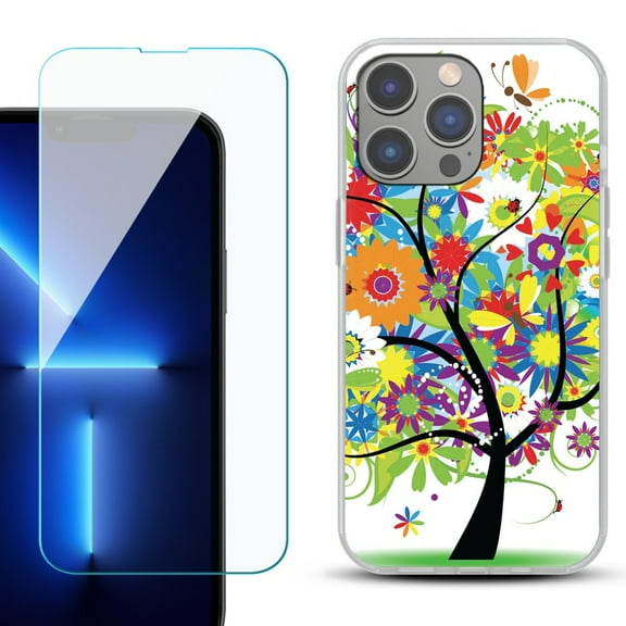 Slim-Fit Gel TPU Phone Case for iPhone 14 Pro Max, with Tempered Glass Screen Protector, by OneToughShield ® - Colorful Tree