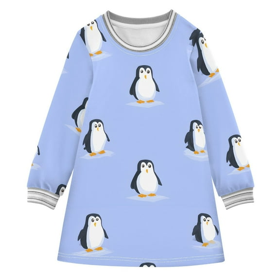 Cute Penguins Girls'long-sleeved dress Thickened A-dress Warm Dress Basic Shirt Party Dresses