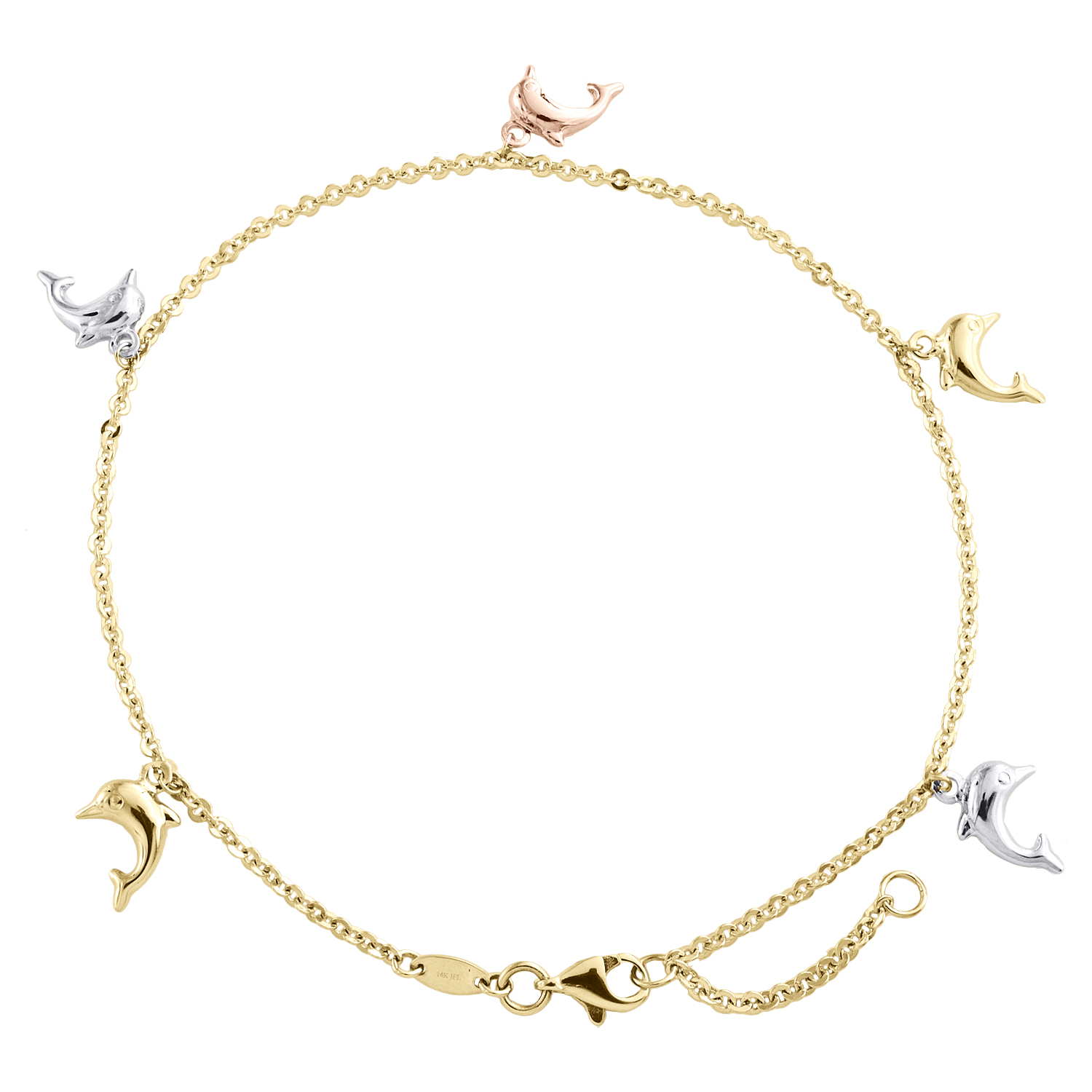 14K Tri-Color Gold Fancy Rolo Link Chain 13mm Dolphins Charm Anklet 9" + 1" Ext.
