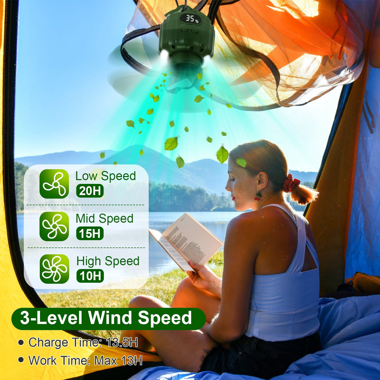 3 in 1 Camping Fan with LED Lantern, Portable Hanging Tent Fan 3 Speed Wind, Timer Function & Power Bank, Low Noise Rechargeable Fan with Remote Control for Outdoor Camping Fishing RV, 10400mAh