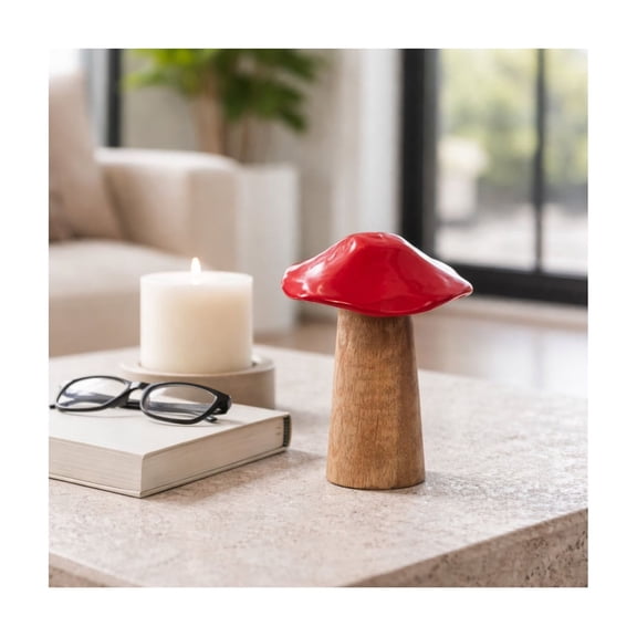 Mushroom Toadstool Figurine for Home Decor - Wooden Boho Accent Sculpture for Shelf, Coffee Table, Bathroom or Living Room Accent - Ornaments Display for Bathroom, Console and Mantel - 6", Red