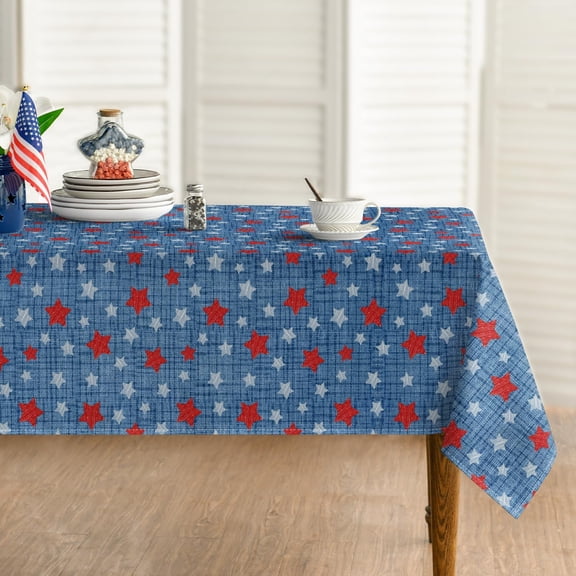 4th of July Tablecloth 60×84 Inch Rectangular, Patriotic Red Blue Star Buffalo Plaid Independence Day Memorial Day Blue Washable Seasonal Table Cover for Party Picnic Dinner Decor