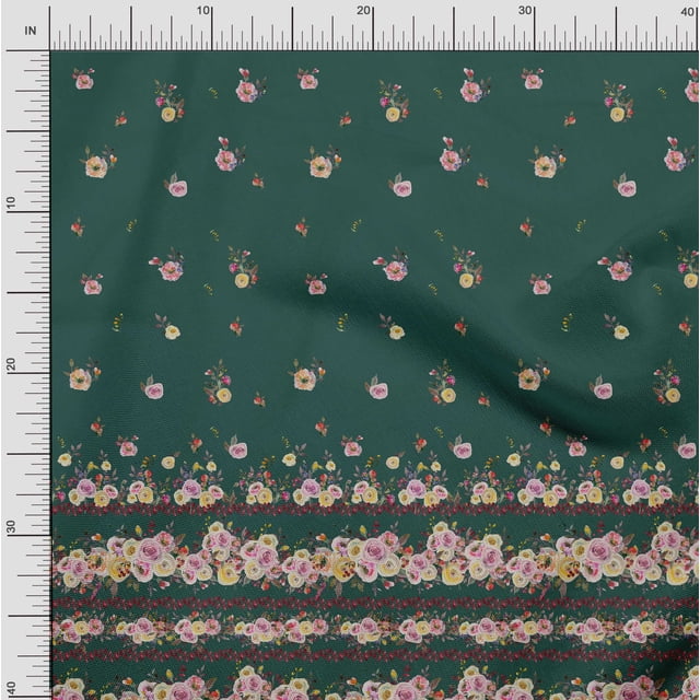Soimoi Green Polyester Crepe Fabric Floral Panel Decor Fabric Printed BTY 42 Inch Wide