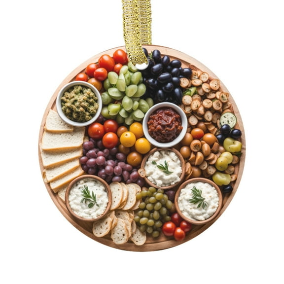 Mediterranean Style Foods Charcuterie Board Food Double Sided Ceramic Foodie Novelty Holiday Christmas Xmas Tree Ornament Gift Accessory (Flat Printed Design, NOT 3D)