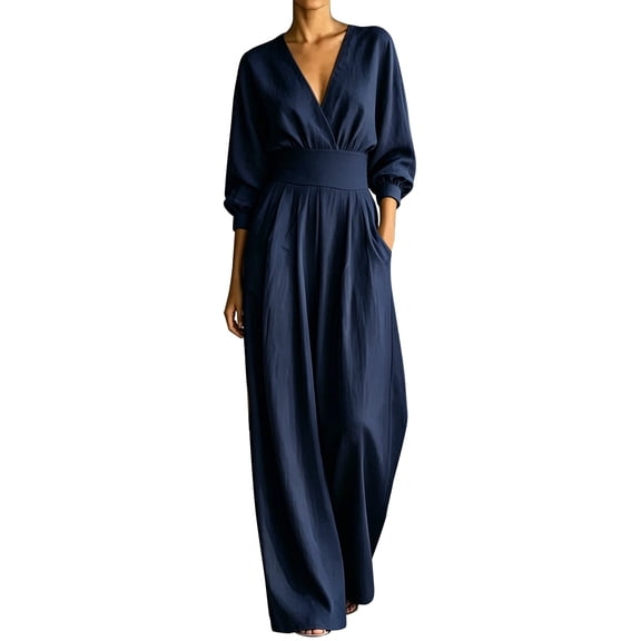 Drses Women Long Sleeve Wide Leg Jumpsuit for Fall Winter, V Neck Batwing High Waist Waist Pleats Loose Elegant Outfit with Hidden Pockets, Versatile Formal Travel Casual Solid One Piece