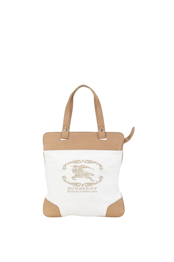 Pre-Owned Burberry Nova Check Logo Handbag Tote Bag in White and Beige Canvas Leather for Women.