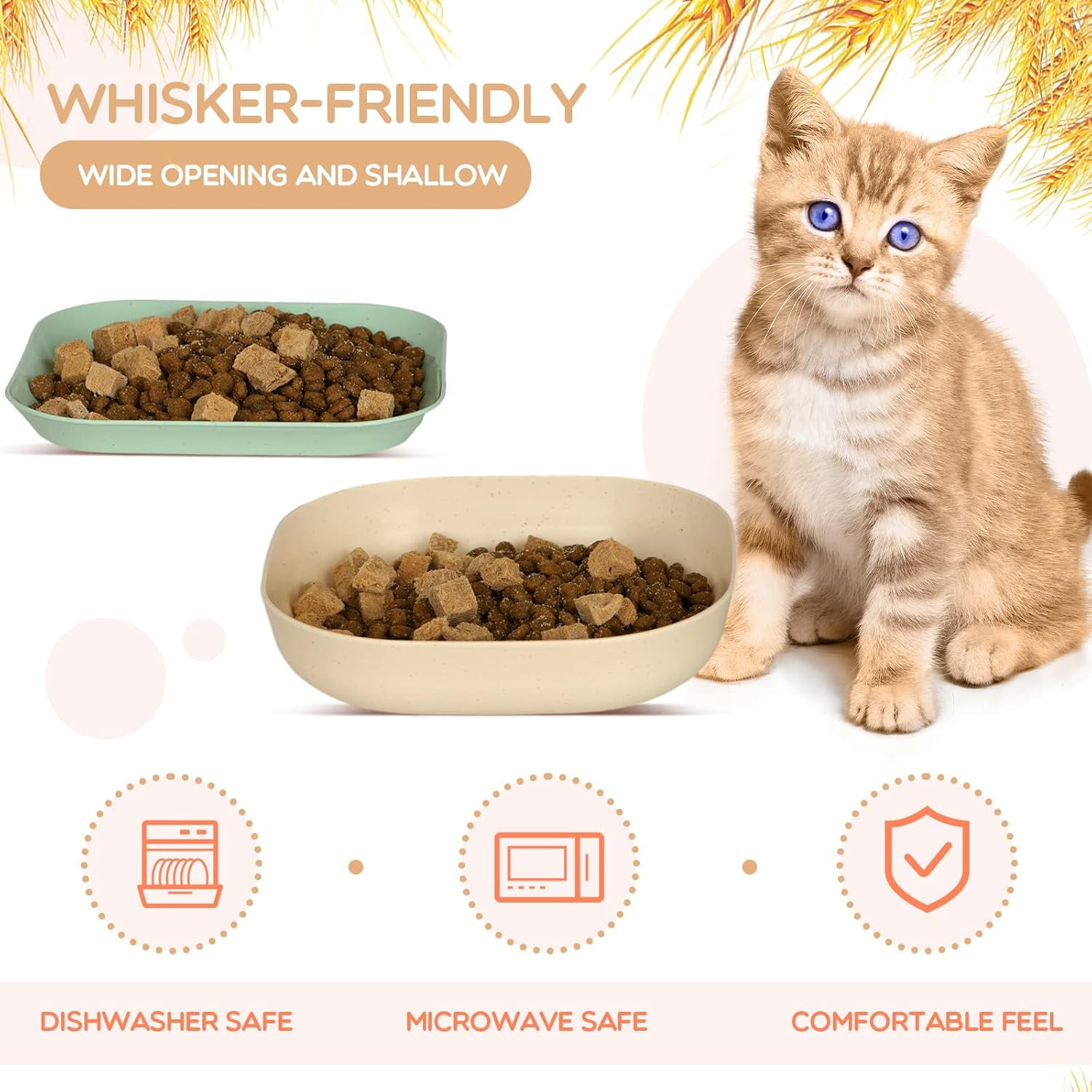 8-Piece Cat Food Bowl Set, 6-Inch Wide Shallow Cat Dish for Whisker Relief, Small Flat Pet Feeding Dish or Plate