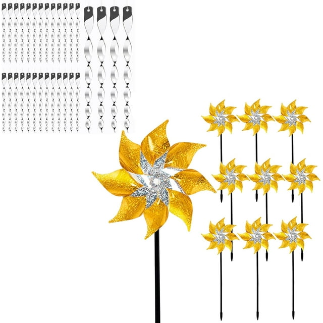 30 Pack Reflectors Scare Rods & 10 Pack Reflective Pinwheels with Stakes, Yellow