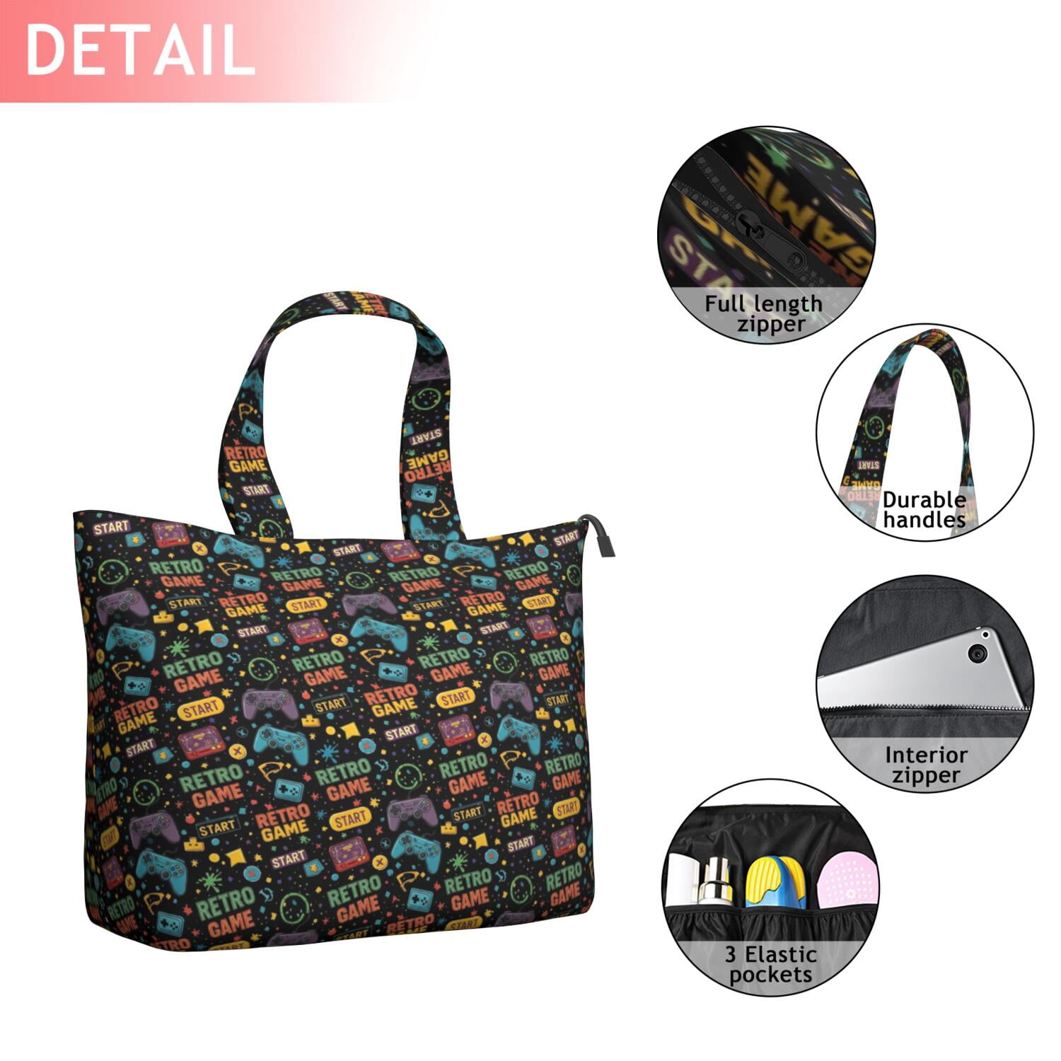 Colorful Controllers Games Words Black Pattern Travel Tote Bags for Women Carry On,Large Weekender Bags for Women Travel,Multi Functional Duffle Bag for Work,Shopping,Sports