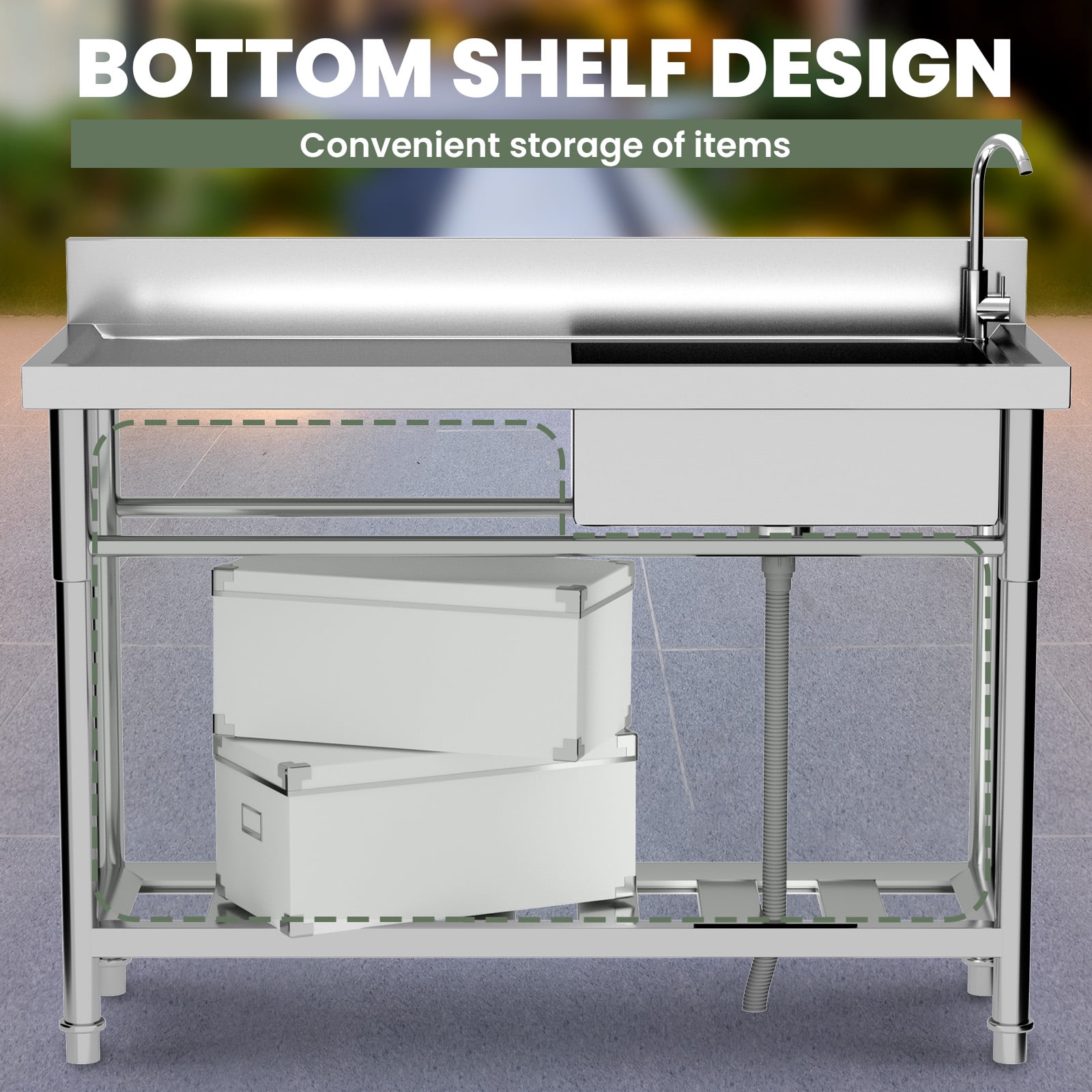 Commercial Kitchen Sink, 304 Commercial Stainless Steel Sink with Single Bowl Basin, Free Standing Utility Sink for Outdoor & Garage Cleaning