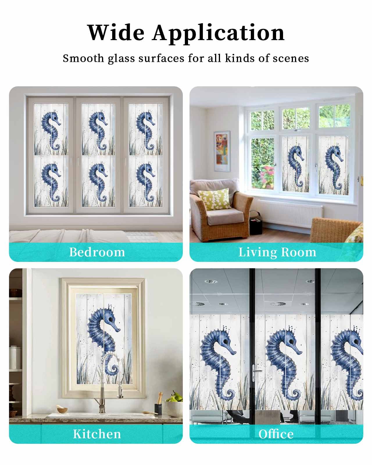 Window Privacy Film Coastal Seahorse Stained Glass Window Film Decorative Sun Block Window Cover Vintage Summer Beach Botanical Window Clings Static Adhesive Sticker for Bathroom 29.5"x118"