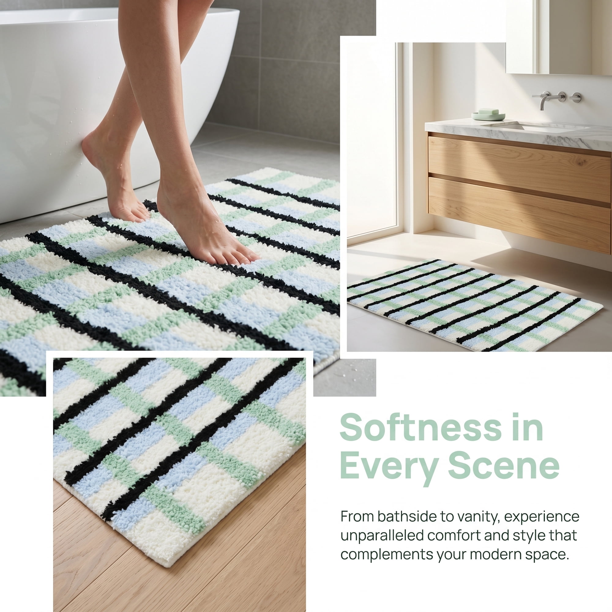 Unique Bargains Absorbent Plush Non-Slip Washable Checkered Rug Blue 32" x 20"