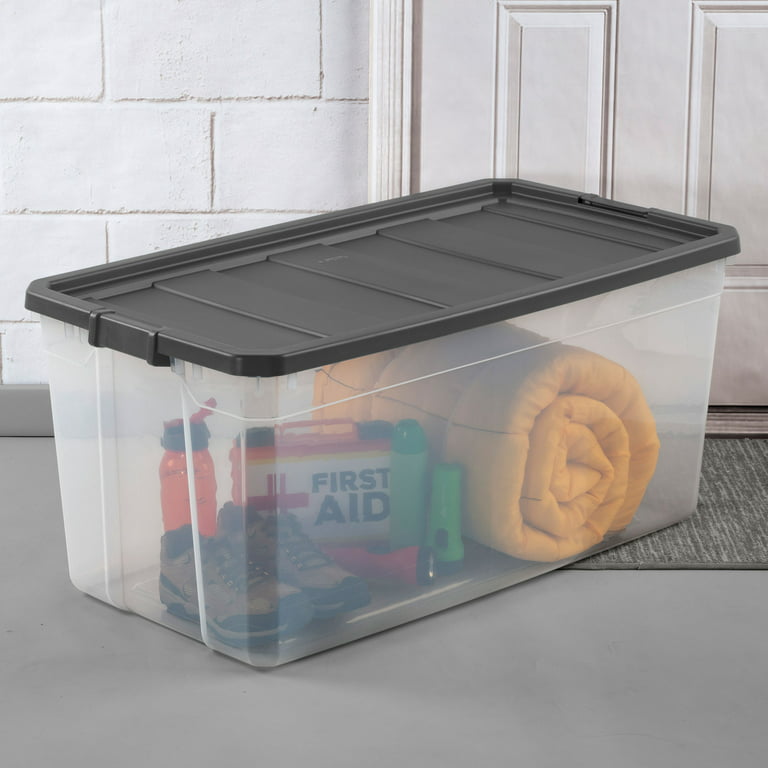 Sterilite 40 Quart Plastic Stacker Box, Lidded Storage Bin Container for  Home and Garage Organizing, Shoes, Tools, Clear Base & Gray Lid, 12-Pack