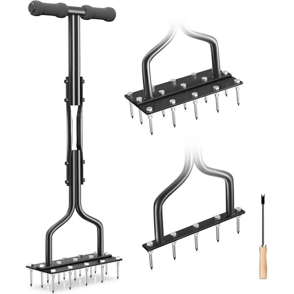 Lawn Spikes Aerator Tool, 2-in-1 Detachable Manual Yard Aerator, Multi Spikes Grass Aeration Tools with Cleaning Tool for Compacted Soil & Lawn Garden Care