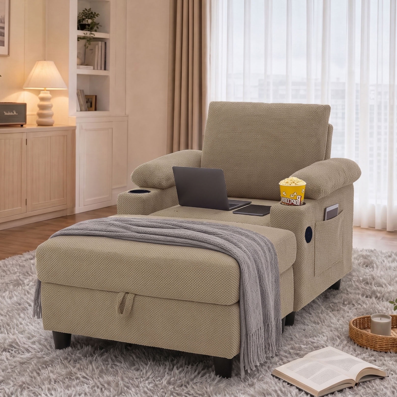 Accent Chair and Storage Ottoman Set Convertible Sleeper Bed Versatile Single Chaise Lounge with Reclining Backrest USB-C Ports and Cupholders Camel