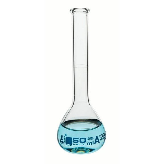 Volumetric Flask, 50ml - Class A Tolerance 0.06 - No Stopper, Beaded Rim - Blue Graduations - Borosilicate Glass - Eisco Labs