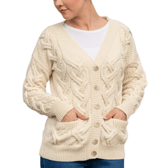 Aran Woollen Mills Button Up Cardigan Sweater 100% Supersoft Merino Wool Women`s Traditional Cable Knitted Jacket with Pockets Made in Ireland
