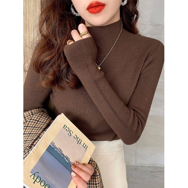 Suéter de punto de Cuello medio alto para mujer, jersey de manga larga, blusa elástica suave negra, otoño e invierno, 2024