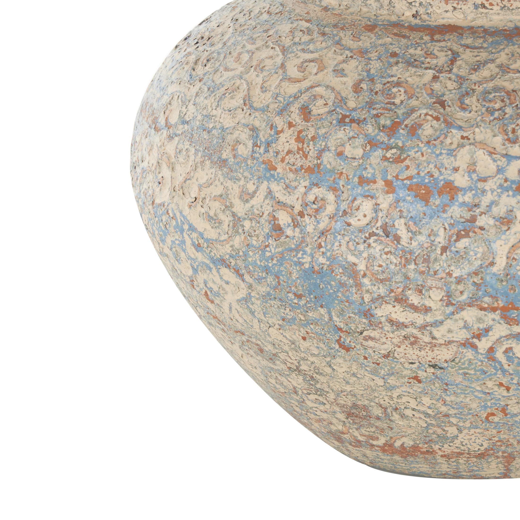 DecMode 10" Scroll Handmade Antique Style Wide Rounded Beige Ceramic Vase with Blue and Copper Accents