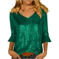 thumbnail image 2 of Cameland T-Shirt Décontracté à Paillettes pour Femmes, Manches Trois-Quarts, Col en V, 2 of 9