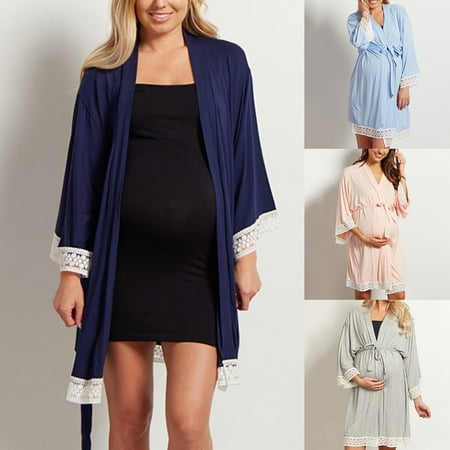 

SPRING PARK Maternity Dress Pregnant Women Lace Trim Nightgown 3/4 Sleeve Sleepwear