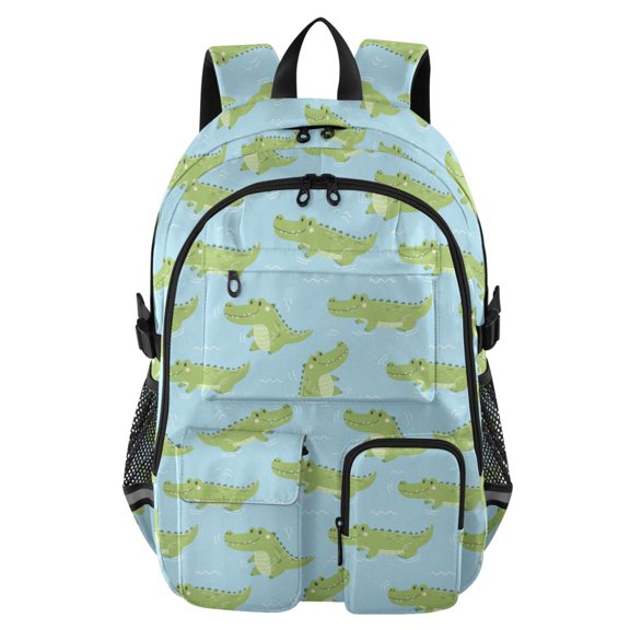 DIXRUYEE Cute Cartoon Crocodile Pattern Pattern Backpack for School 14”Laptop Compatible with Reflective Safety Strips