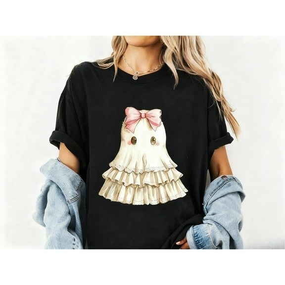 Cute Ghost T Shirt for Women, Halloween Graphic Tees, Causal Tops, Regular Fit，Round neck，Fashion，cotton，black，S-5XL