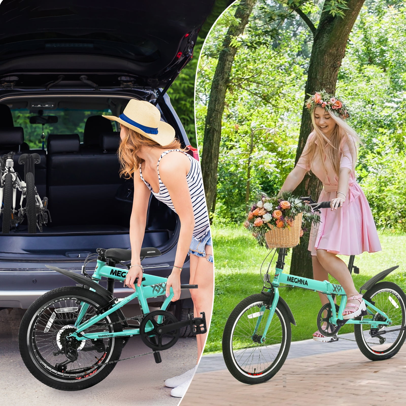 Ambifirner 20 Inch Folding Bike for Adults with Basket & Phone Holder, 6-Speed Shimano Gears, Dual V-Brakes, Steel Frame Portable Commuter Bicycle