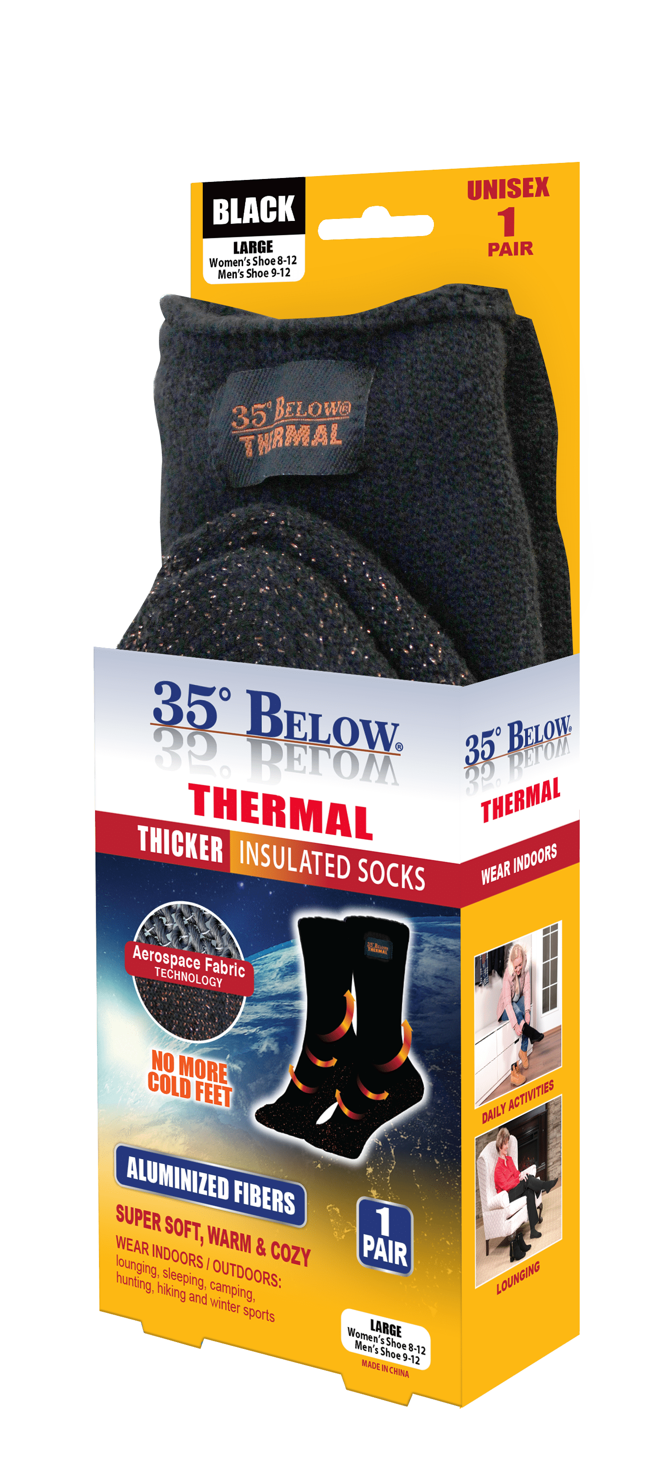 35 Below 35° BELOW Thermal Socks, Black, Unisex, Large,1 Pair