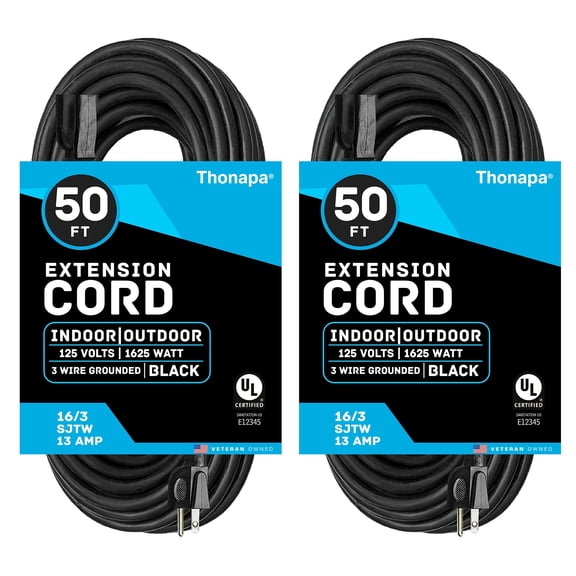 Thonapa 13 Amp Outdoor Extension Cord 50 ft, 2 Pack, 16/3 SJTW 50 Foot Black Extension Cord 3 Prong Multi Pack, Weatherproof ExteriorPower Cable for Outdoor Lights, Landscaping, Lawn, UL Certified