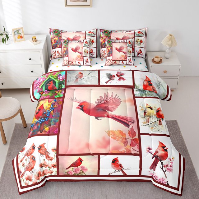 Erosebridal Ensemble de Literie Colibri Rouge Taille Grand, Ensemble de Couette avec Draps, Décor Patchwork, Réversible 7 Pcs