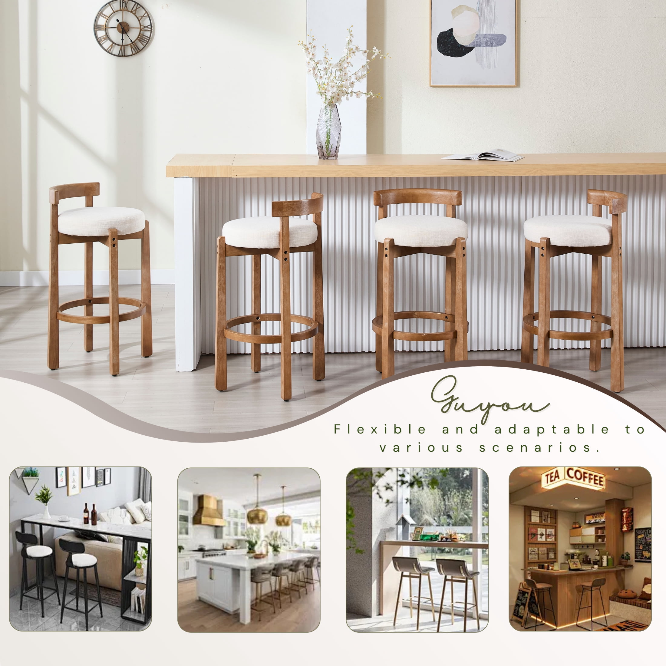 Guyou Bar Stools Set of 2, Mid Century Modern 30" Armless Island Bar Stools with Curved Back and Wooden Frame, Round Kitchen Stools with Footrest for Restaurant Bar Kitchen Island, Beige