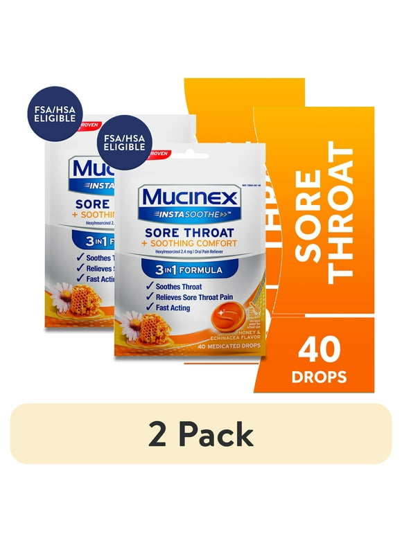 (2 pack) Mucinex Instasoothe Sore Throat Lozenges, FSA, Honey & Echinacea Flavor, 40 Medicated Throat Drops