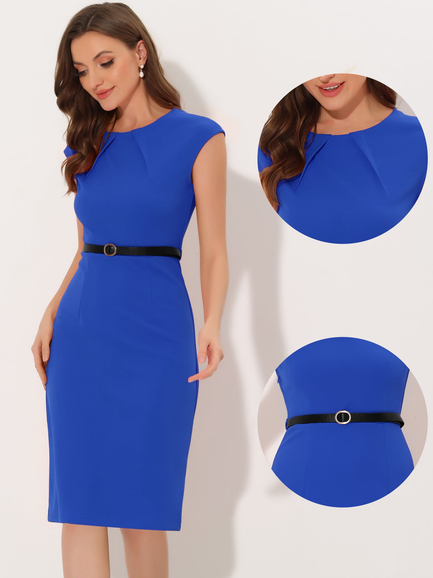 DARING DIVA Elegant Round Neck Cap Sleeve Belted Work Sheath Dresses S Royal Blue
