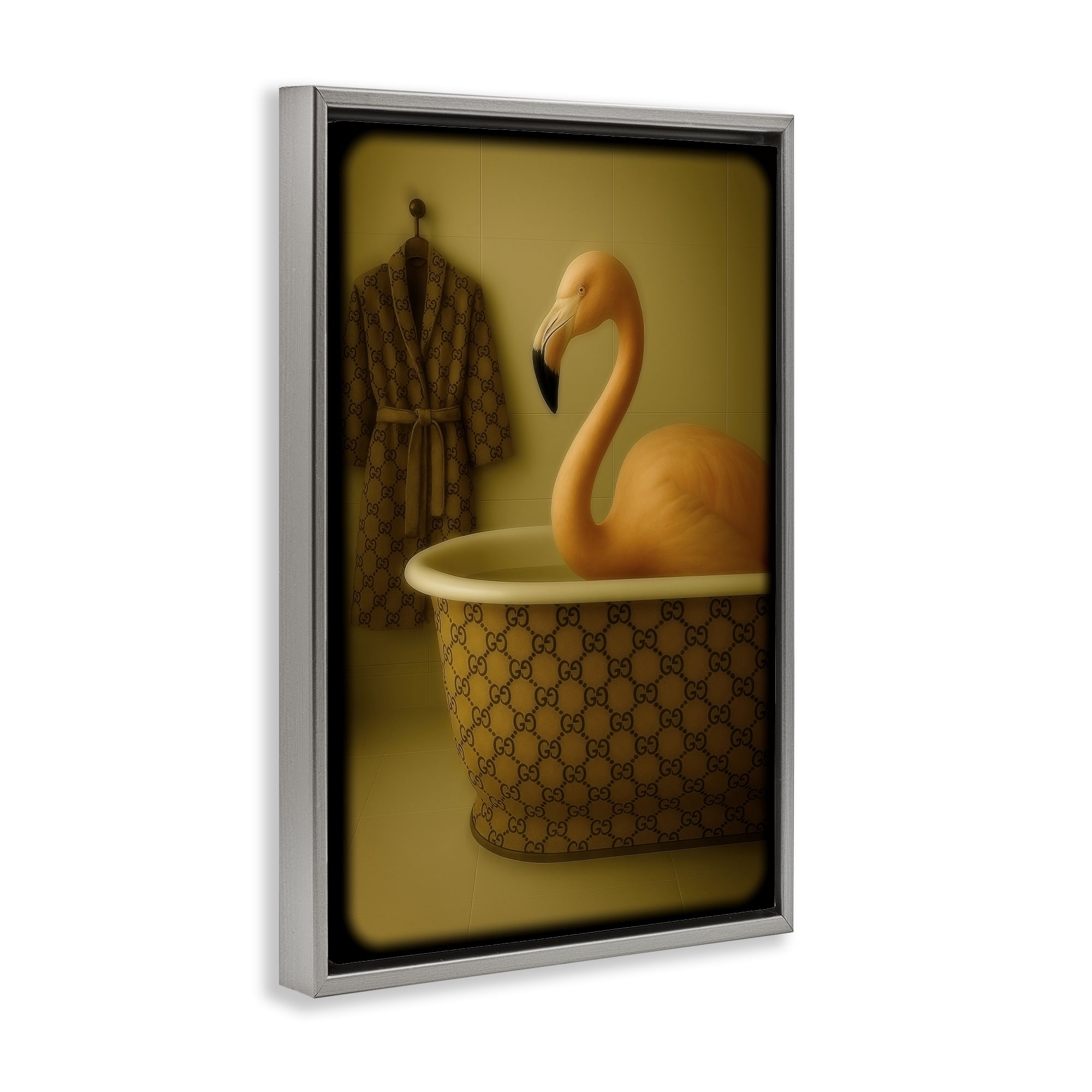 Stupell Industries Couture Flamingo in Luxury Tub Gray Framed Floater Canvas Wall Art, design by Grotto Studios