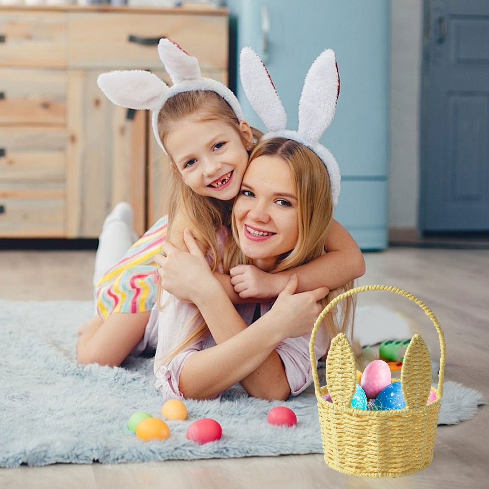 Yellow Large Easter Bunny Basket Woven Long Ears Storage Tote Bag For Eggs Candy Kids Gift Basket Iron Wire Holiday Decoration Spring Party Yellow