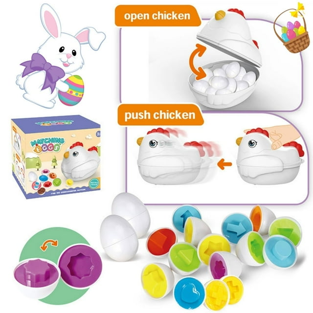 Jouet d'Apprentissage Oeufs de Tri en Forme de C 12 Pcs avec Boîte de Rangement pour Poule sur Roues Compétences Motrices Fines Activité Éducative pour Tout-Petits Jeu de Développement Précoce