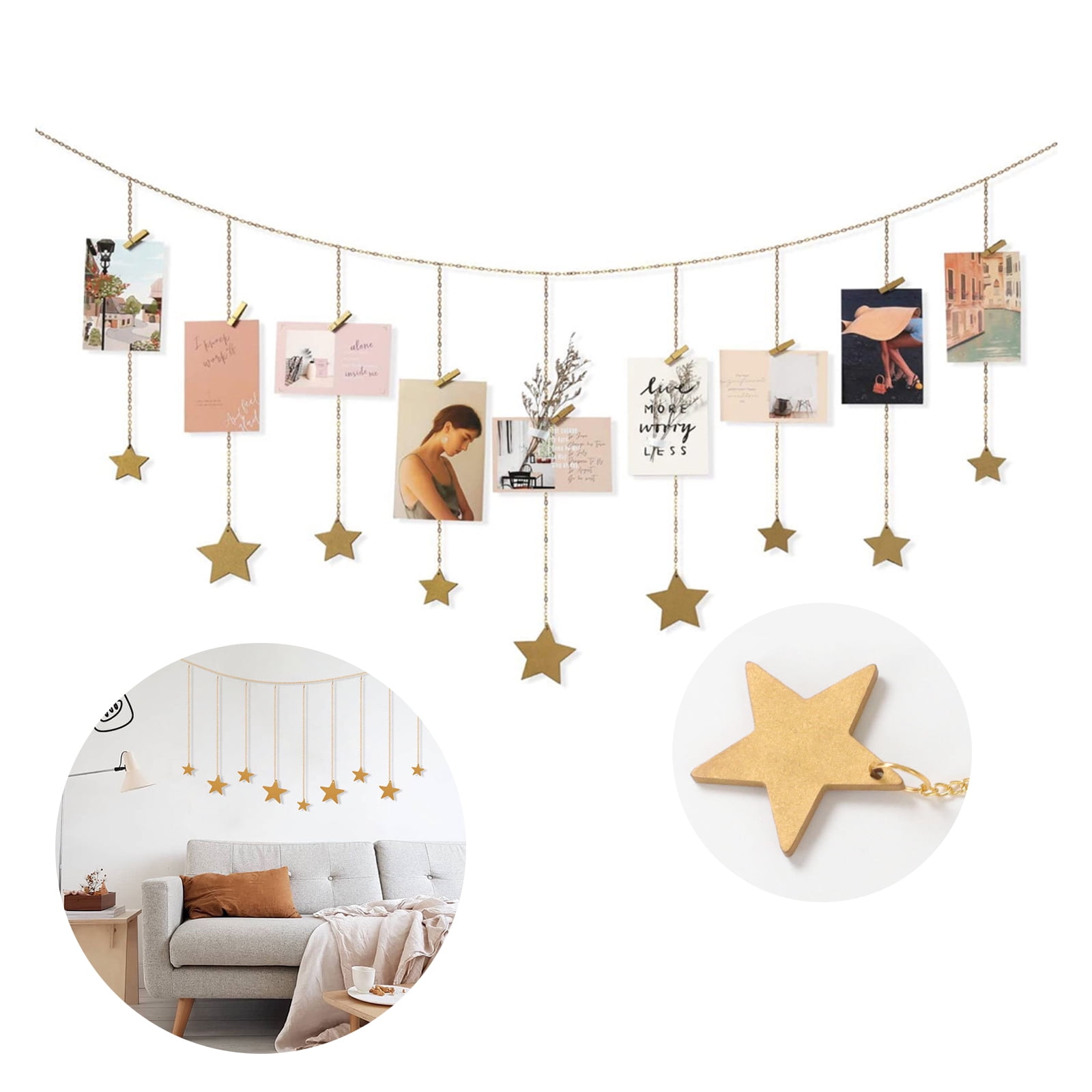 Semfri Hanging Photo Display Boho Decor Wooden Stars Garland with Metal