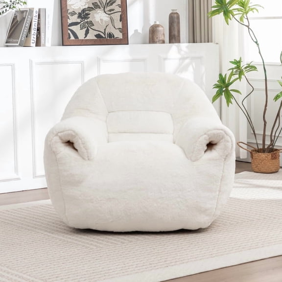 Dark Gray Faux Fur Bean Bag Chair (High-Density Foam – Back Support Footstool, Pre-Filled, Adult/Kid, Living Room/Bedroom)